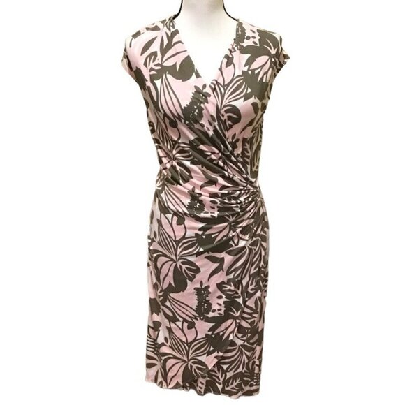 Tommy Bahama Small Faux Wrap Dress Pink Taupe Tropical Stretch Ruched V-Neck - Picture 1 of 6
